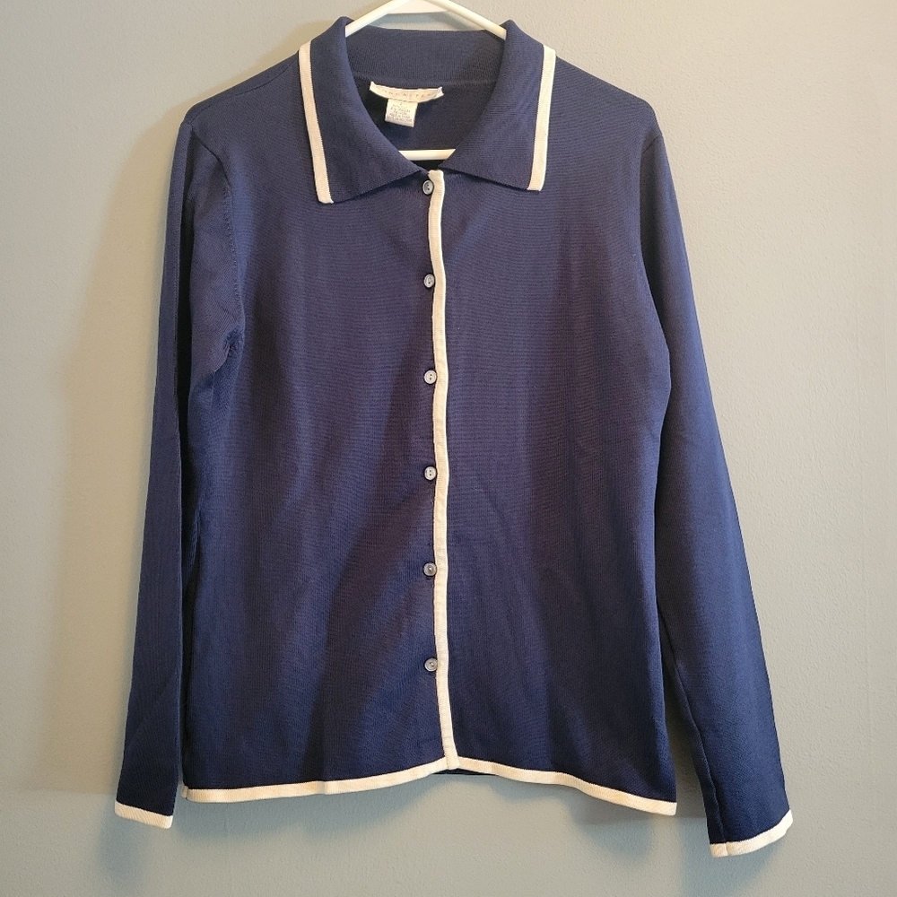 Vintage Doncaster Silk Cardigan Large Old Money Quiet Luxury Navy Chic - Picture 2 of 6